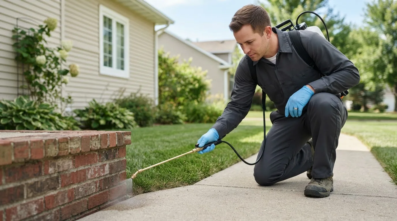 Pest control technician treating a home near Manns Choice, PA